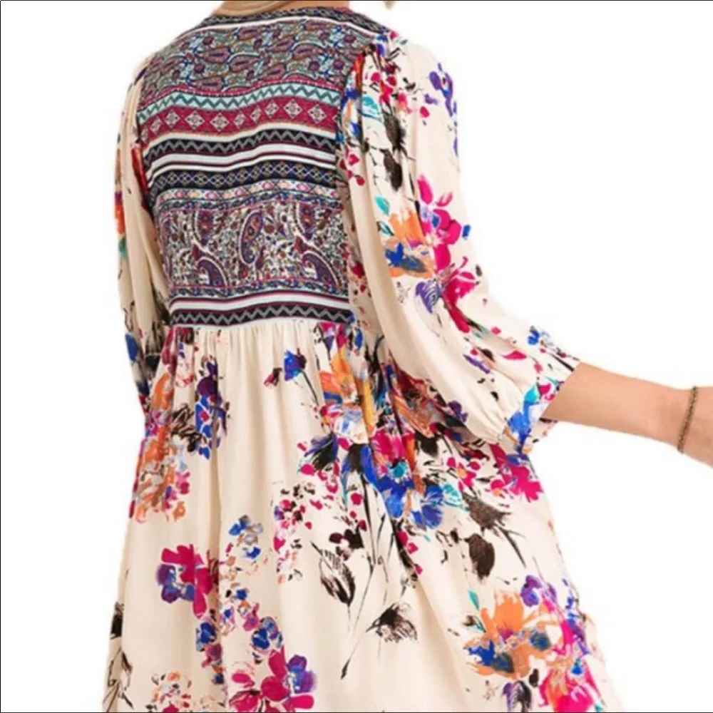 Umgee Bohemian Floral Print Babydoll Tunic Dress size Small - Picture 2 of 11